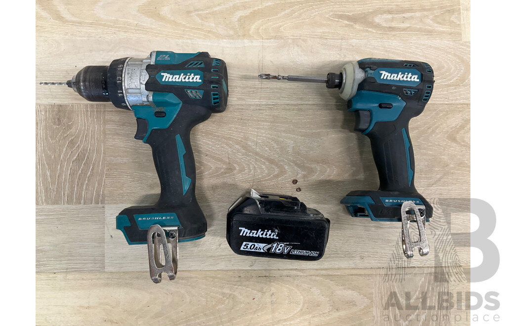 Makita 18V Power Tools - Brushless Hammer Driver Drill  (DHP486), Brushless Impact Driver (DTD171) and 5.0Ah Battery - Lot of 3