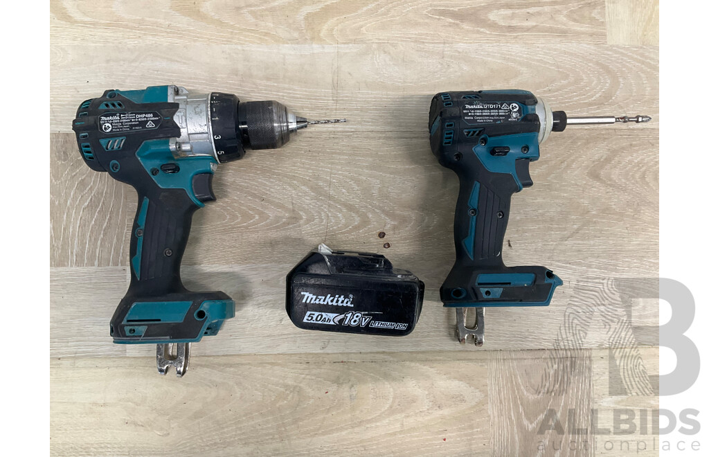 Makita 18V Power Tools - Brushless Hammer Driver Drill  (DHP486), Brushless Impact Driver (DTD171) and 5.0Ah Battery - Lot of 3