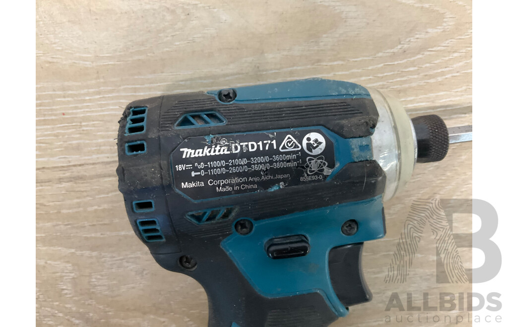 Makita 18V Power Tools - Brushless Hammer Driver Drill  (DHP486), Brushless Impact Driver (DTD171) and 5.0Ah Battery - Lot of 3