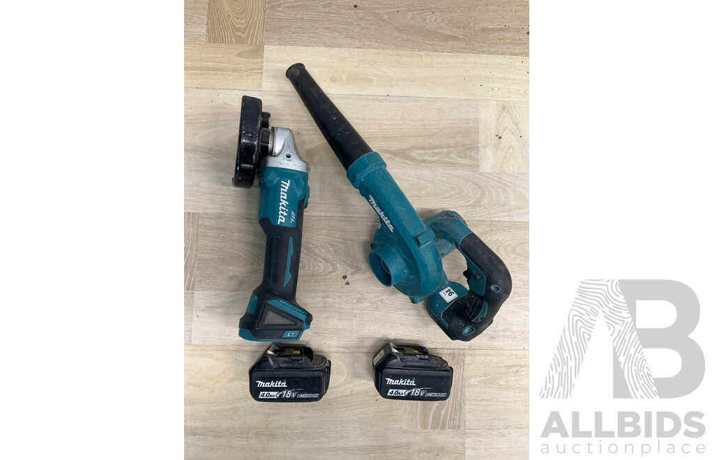 Makita 18V Power Tools - Cordless Angle Grinder (DGA504), Blower (DUB185) and 4.0Ah Battery - Lot of 3