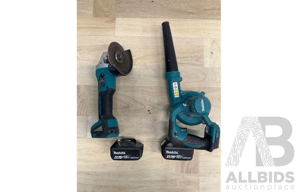 Makita 18V Power Tools - Cordless Angle Grinder (DGA504), Blower (DUB185) and 4.0Ah Battery - Lot of 3