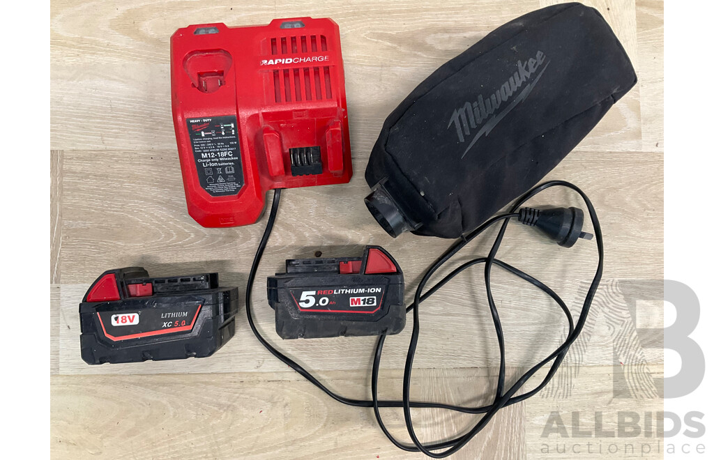 Assorted MILWAUKEE - Batteries, Battery Charger and Dusk Bag - Lot of 4