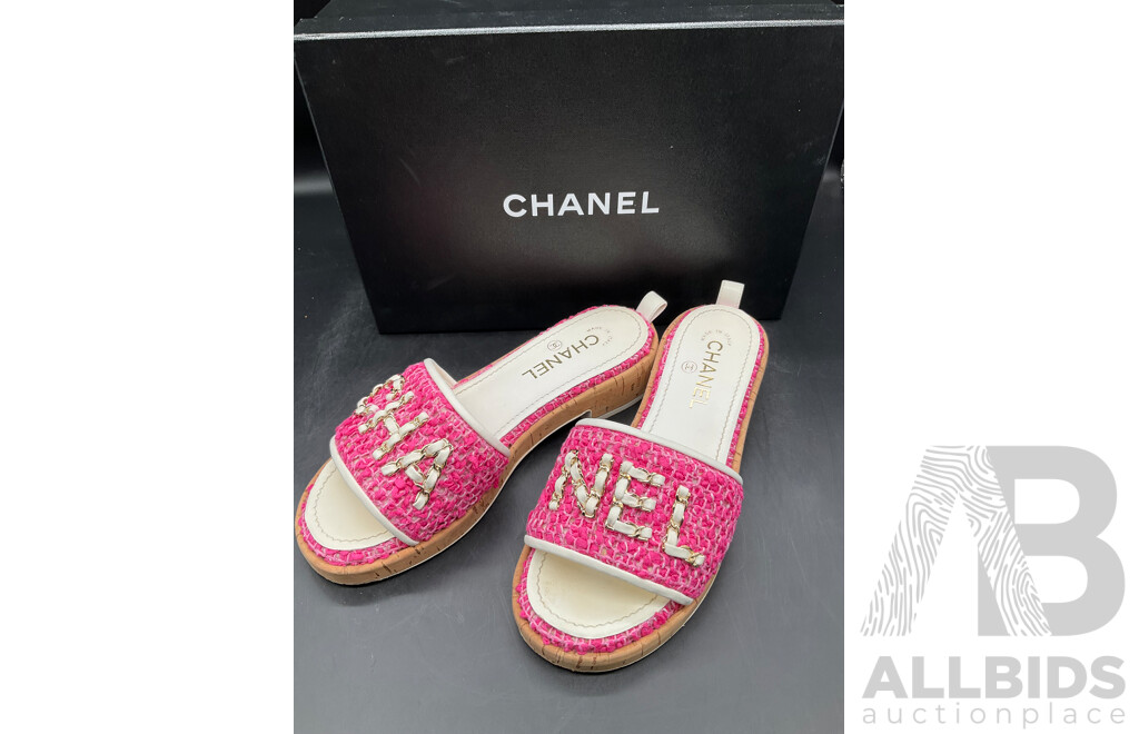 Tweed Chain Mules Sandals Shoes Size EU 38 Pink Branded CHANEL