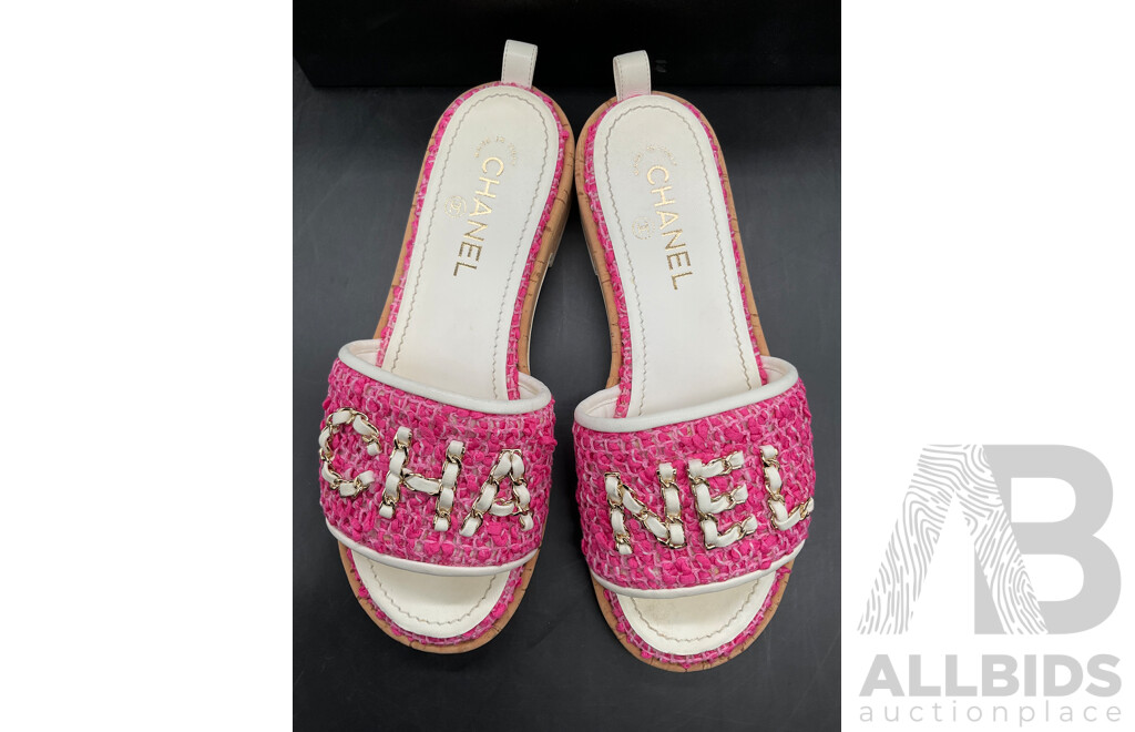 Tweed Chain Mules Sandals Shoes Size EU 38 Pink Branded CHANEL