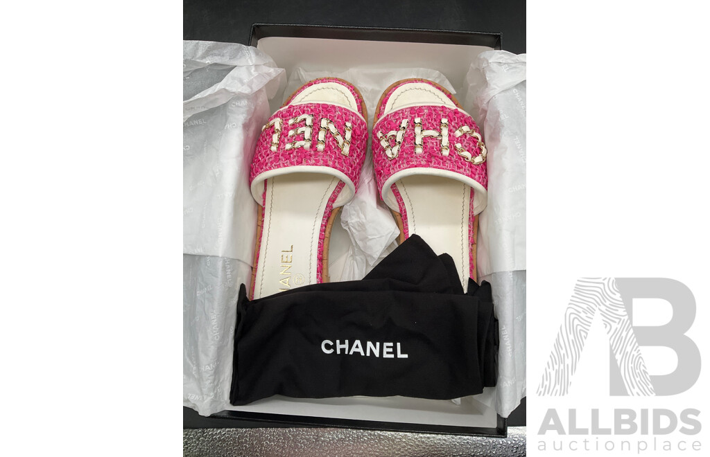 Tweed Chain Mules Sandals Shoes Size EU 38 Pink Branded CHANEL