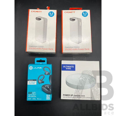 Assorted Electronics - CYGNETT Power Bank, Ultimate Ears Charging Dock and Jlab Wireless Sport True Earbuds - Lot of 4