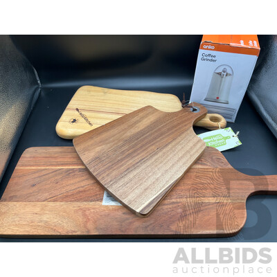 Assorted Wooden Cutting Boards and Anko Coffe Grinder  - Lot of 4