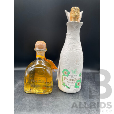 Perrier-Jouet Belle Epoque 2015 Brut 750mL and Patron Anejo Tequila 100% De Agave 700ml - Lot of 2