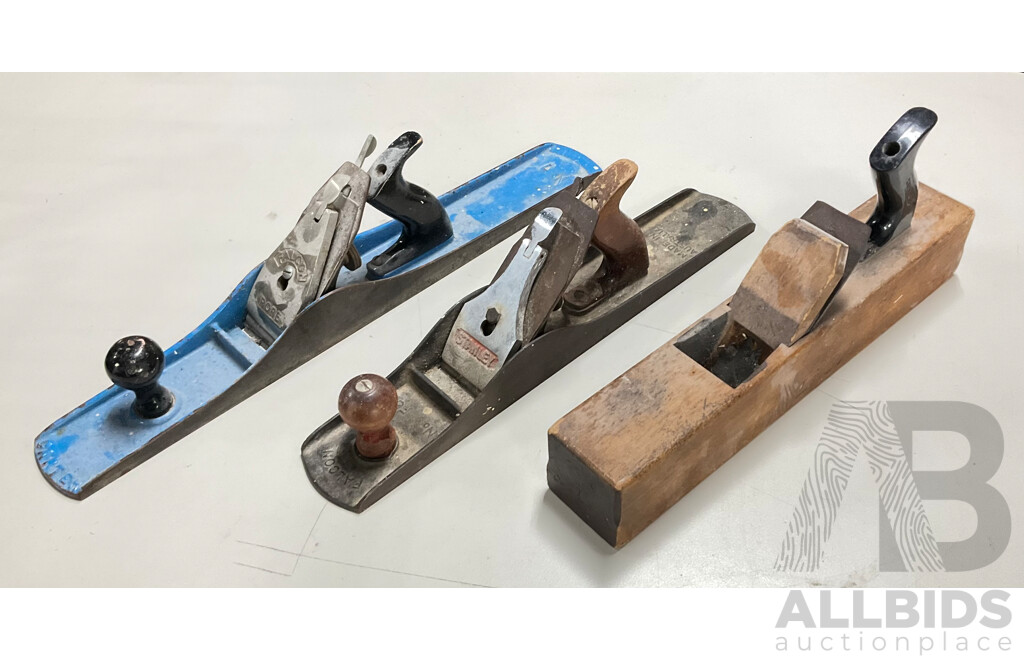 Three Vintage Smoothing Planes, Cast Iron and Timber, Including Stanley, Falcon and Carter