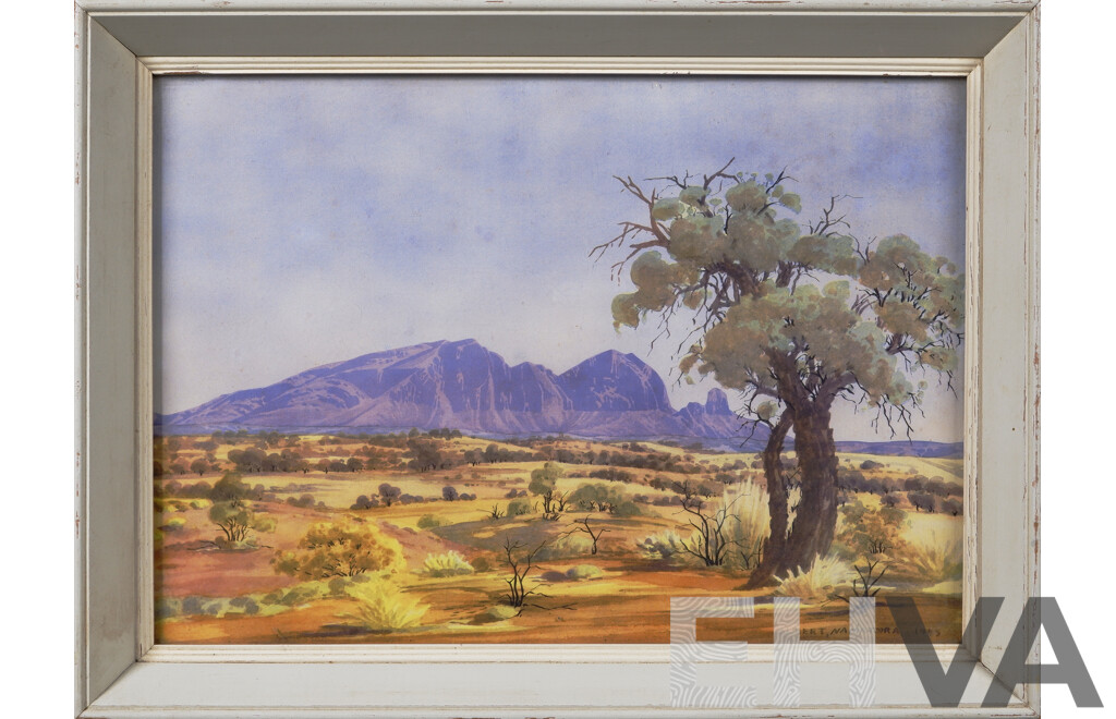 Albert Namatjira, (20th Century, Indigenous-Australian,1902-1959), Mt Sonder, McDonnell Ranges, NT, Quality Vintage Print of the Original Watercolour, 34 x 45 cm (frame)