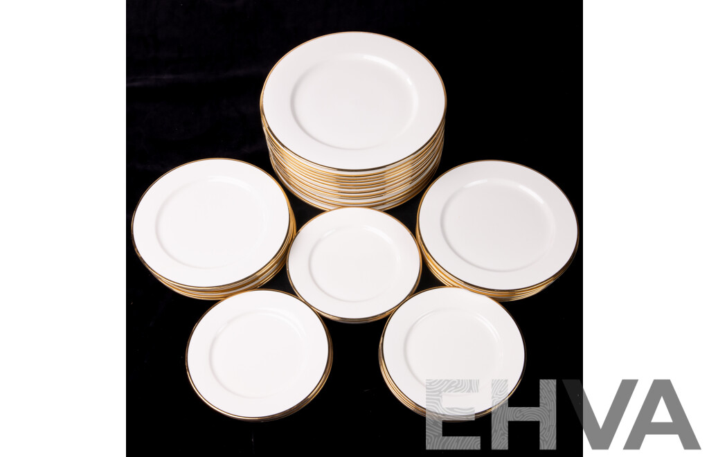 Set 36 Maxwell & Williams White Gold Design Porcelain Plates in Three Sizes Hand Painted in Pure White Gold