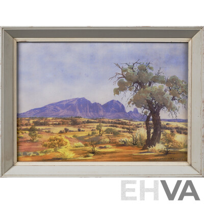 Albert Namatjira, (20th Century, Indigenous-Australian,1902-1959), Mt Sonder, McDonnell Ranges, NT, Quality Vintage Print of the Original Watercolour, 34 x 45 cm (frame)