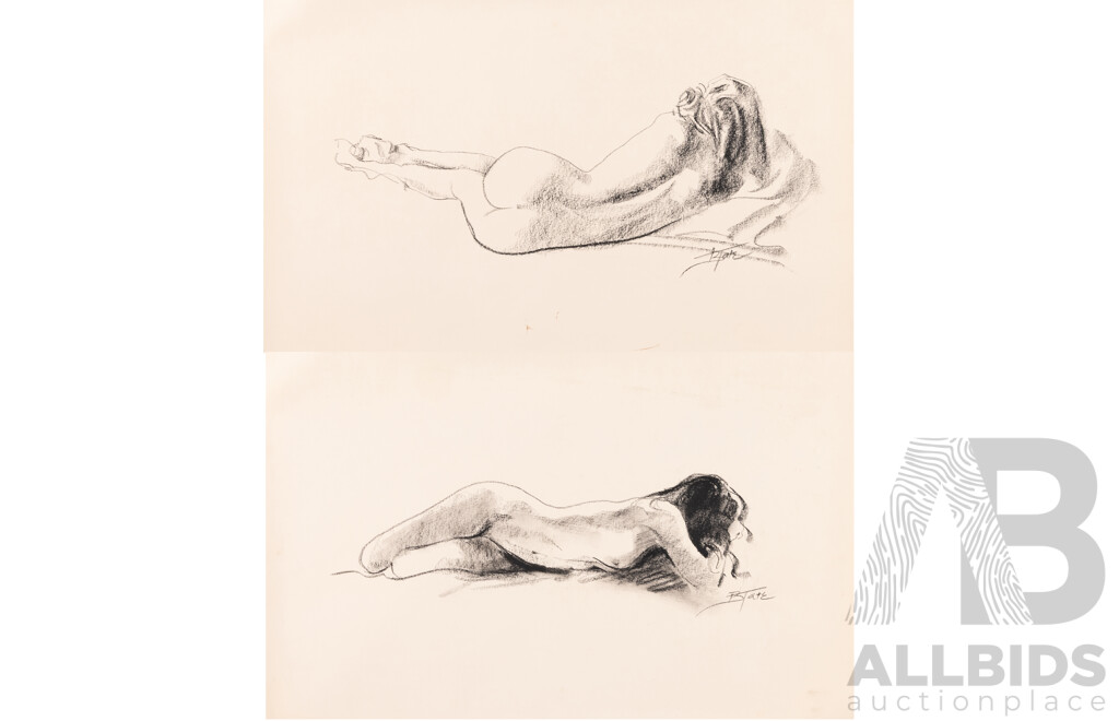 B. Tate (20th Century, Australian), Reclining Nudes I and II, Pair of Charcoals on Paper, 42 x 58 cm (2)