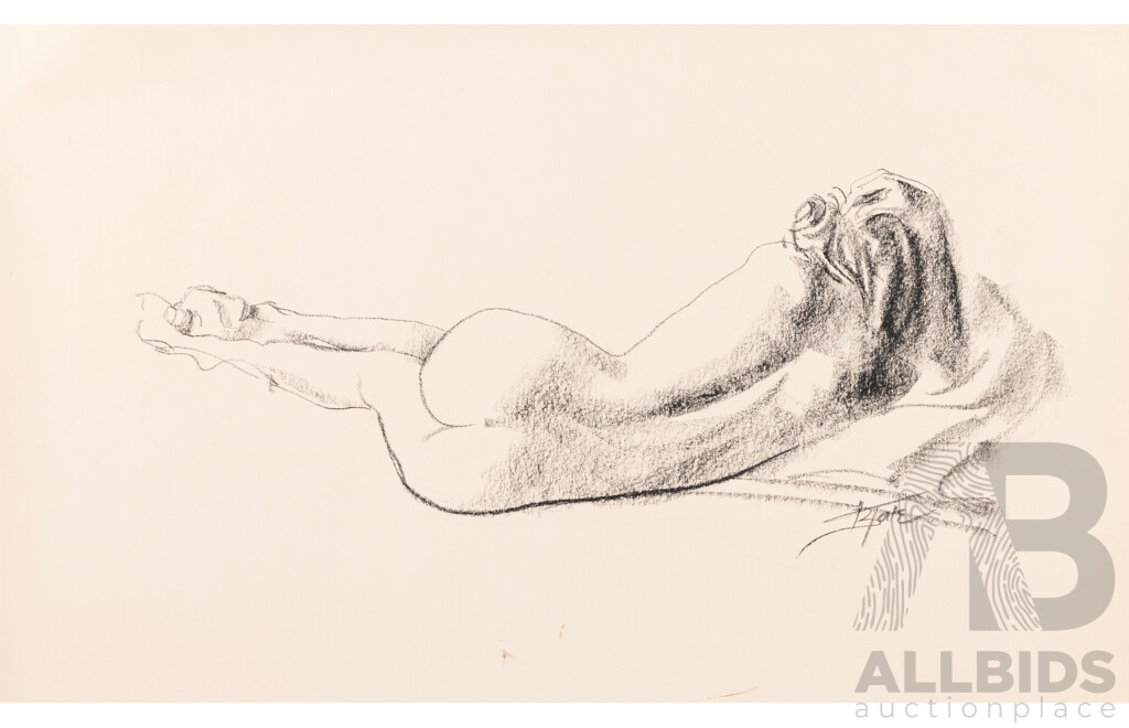 B. Tate (20th Century, Australian), Reclining Nudes I and II, Pair of Charcoals on Paper, 42 x 58 cm (2)