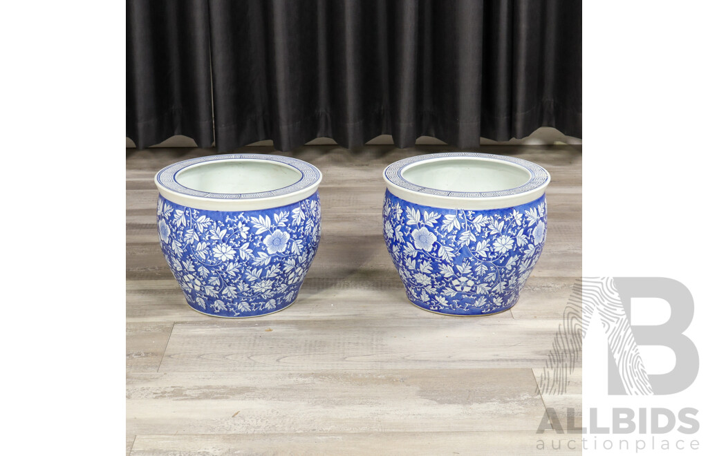 Pair of Blue and White Chinese Ceramic Planters