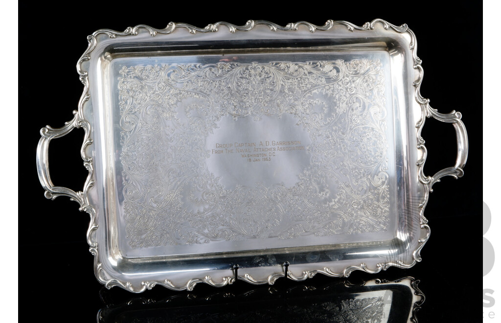 Large Impressive Vintage Silver Plate Tray by Wilcox International Silver with Engraved Detail and Inscription to Center