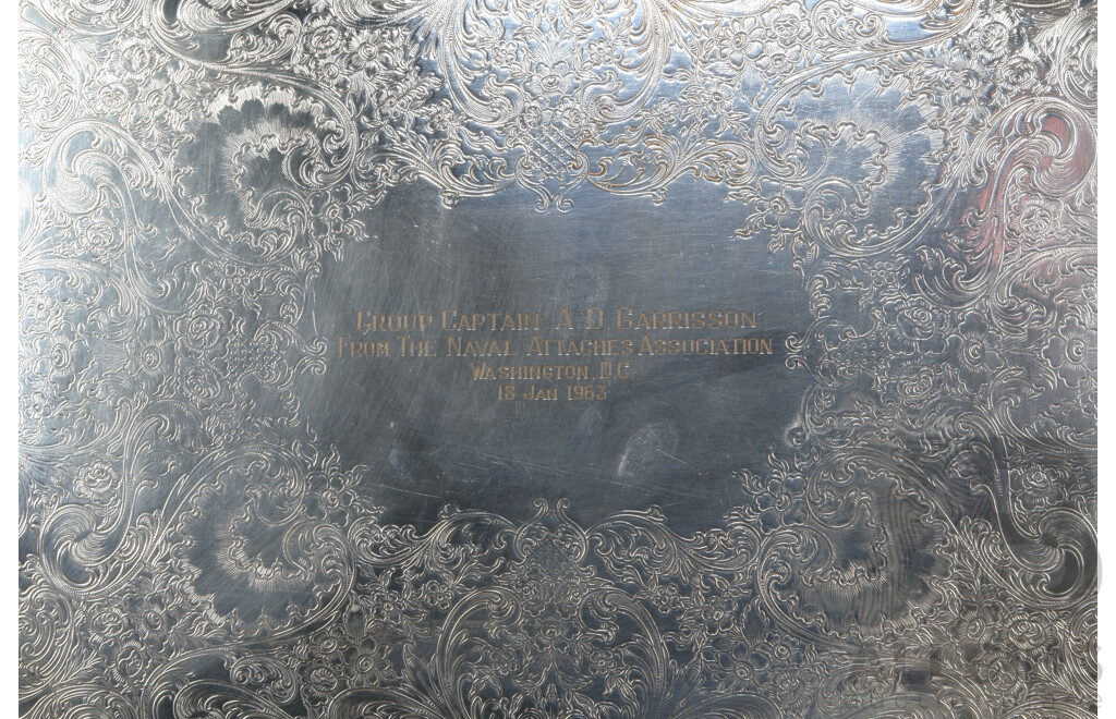 Large Impressive Vintage Silver Plate Tray by Wilcox International Silver with Engraved Detail and Inscription to Center