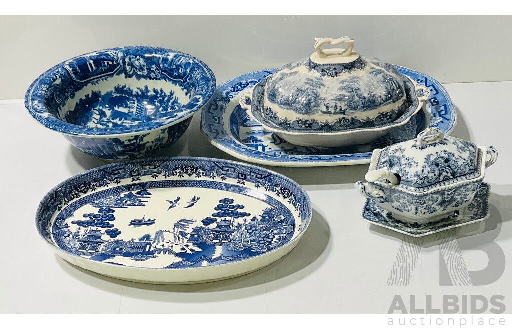 Collection of Blue Willow Pattern Examples FromElkin Knight & Co, Stanley Pottery and More