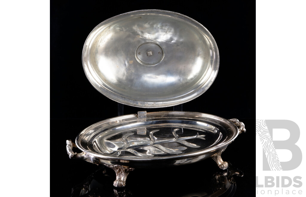 Large Impressive Antique Silver Plate Bain Marie Tray and Turkey Cloche, James Dixon & Sons, Sheffield