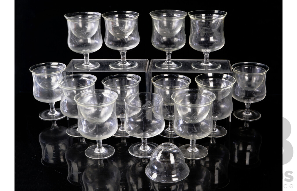 Set 13 Vintage Seafood Cocktail Glasses with Etched Wheat Sheaf Design, Complete with  with Glass Inserts