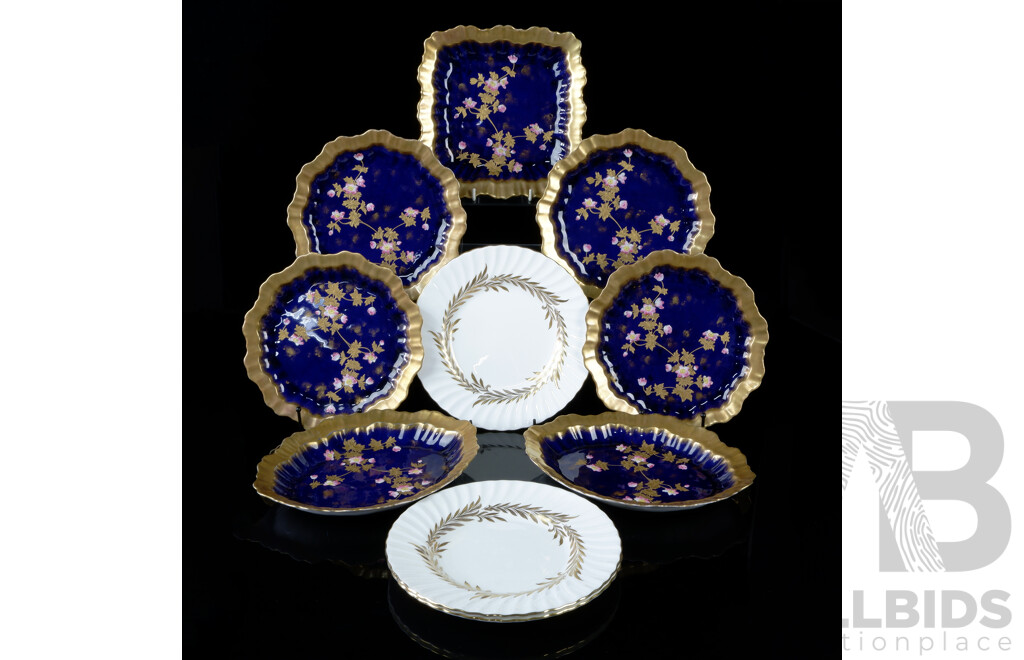 Seven Pieces Antique Adderly & Co English Porcelain with Hand Painted Detail Along with Three Minton Golden Symphony Plates