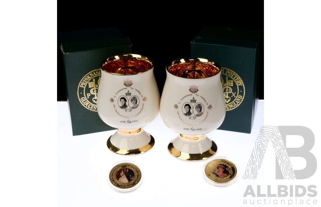 Pair English Prinknash Pottery Goblets to Commemorate the 1981 Wedding of Prince Charles and Lady Diana in Original Boxes