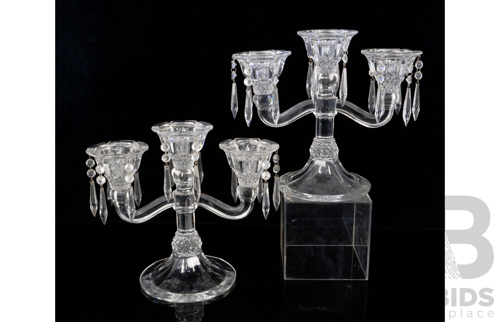 Impressive Pair Continental Antique Crystal Three Branch Candelabra with Crystal Drops