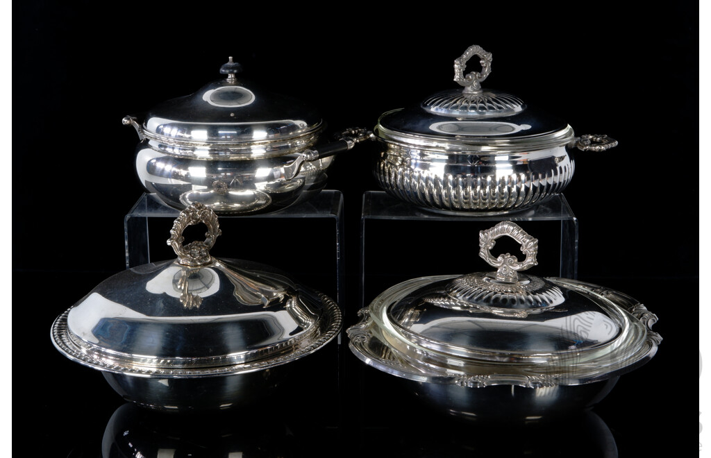 Collection Four Silver Plate Lidded Serving Dishes with Pyrex Glass Inserts