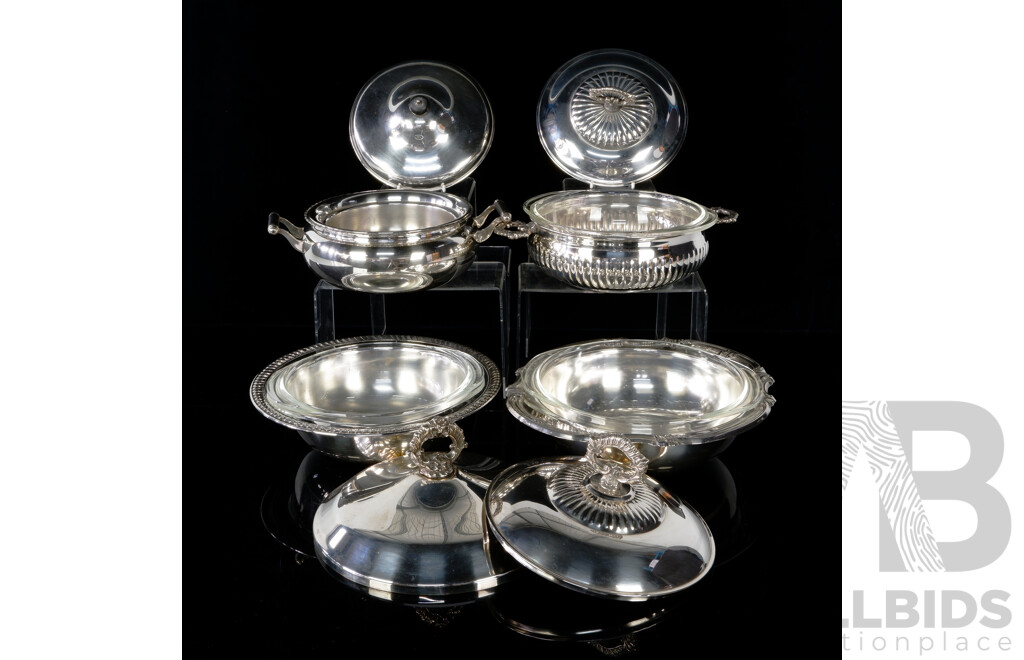 Collection Four Silver Plate Lidded Serving Dishes with Pyrex Glass Inserts