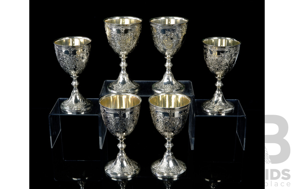 Set Six Antique Silver Plate Goblets with Heavily Repoussé Decoration by Carrington & Co Edinburgh