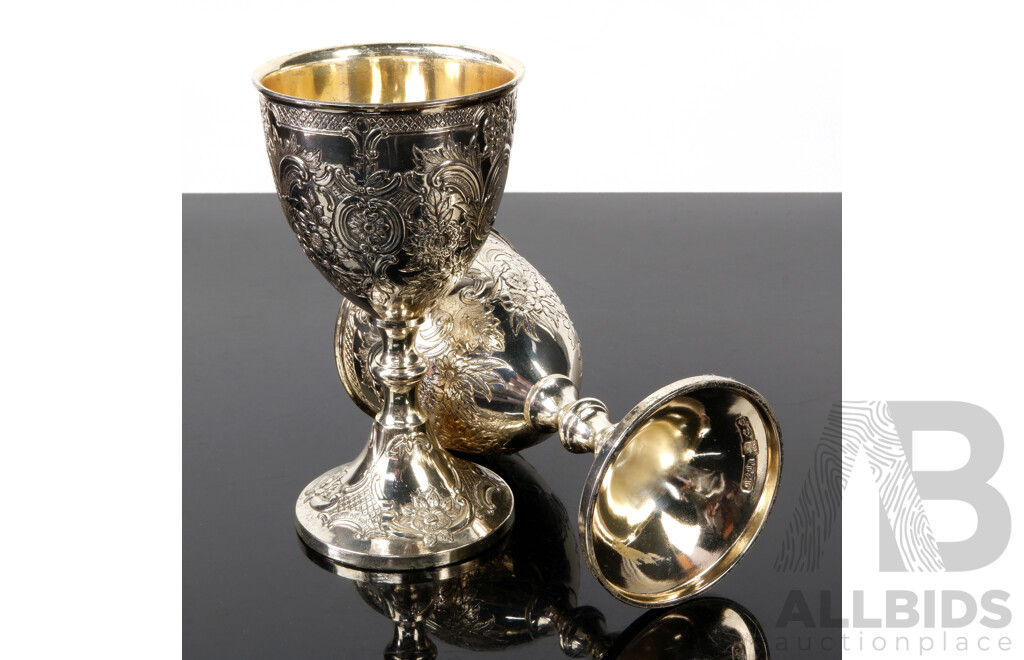 Set Six Antique Silver Plate Goblets with Heavily Repoussé Decoration by Carrington & Co Edinburgh