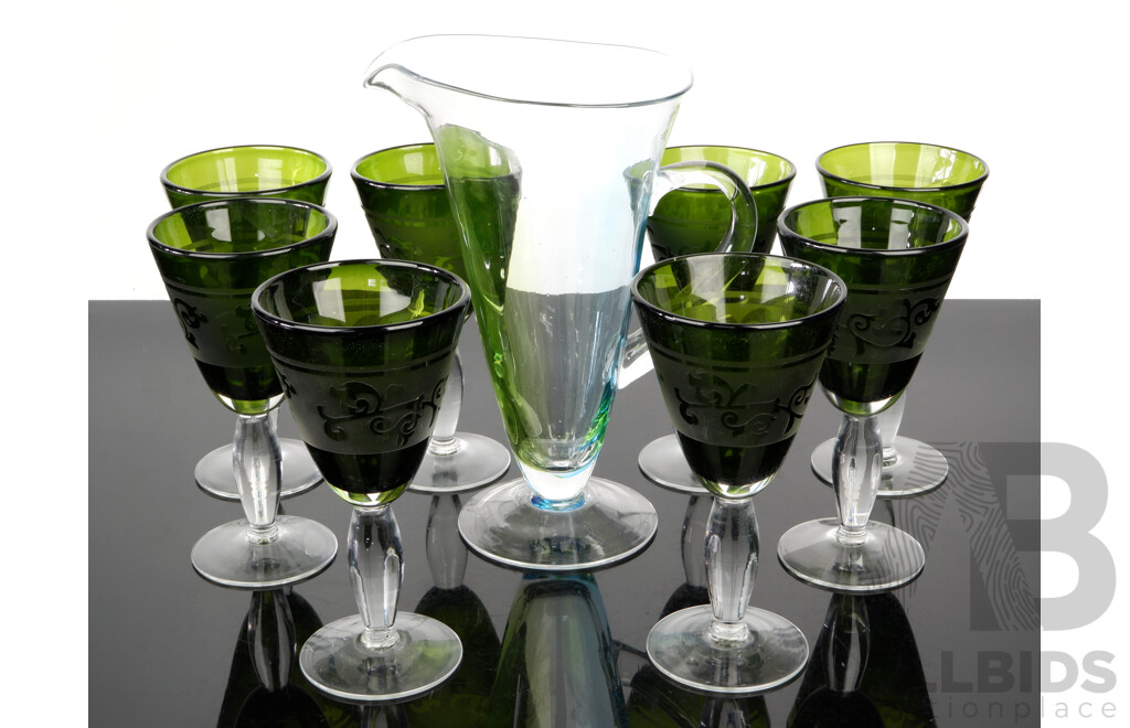 Set Eight Vintage Green Glass Goblets with Sommerso Glass Pitcher