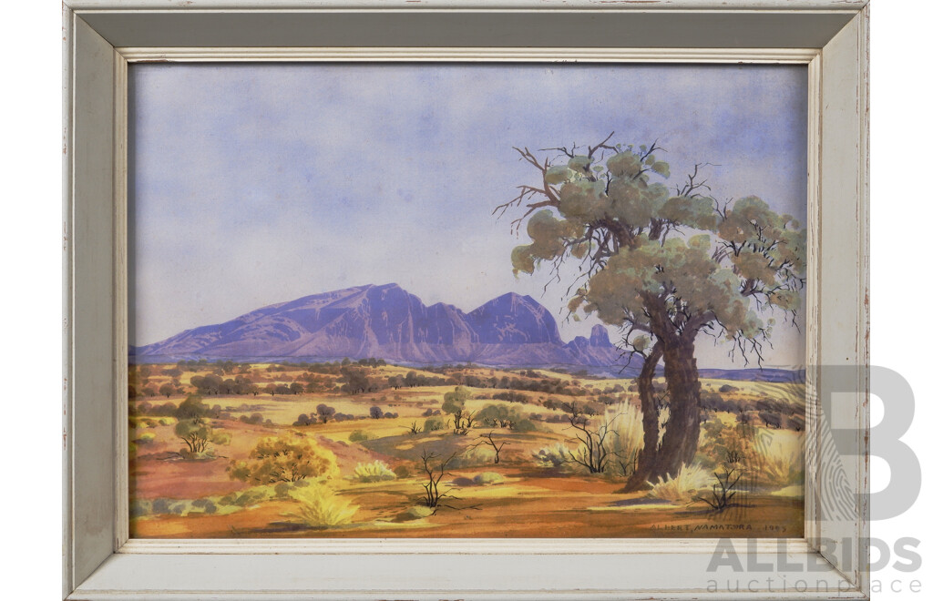 Albert Namatjira, (20th Century, Indigenous-Australian,1902-1959), Mt Sonder, McDonnell Ranges, NT, Quality Vintage Print of the Original Watercolour, 34 x 45 cm (frame)