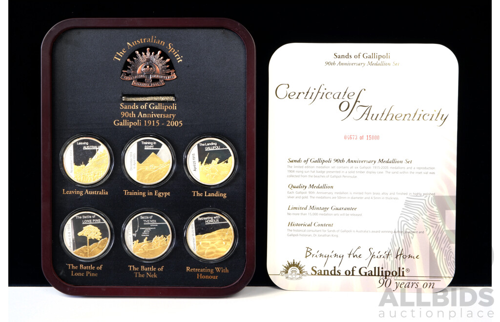 Limited Edition 4673 of 15000, The Australian Spirit, The Sands of Gallipoli, 90th Anniversary Medallion Set 2005 Edition in Presentation Box with Certificate of Authenticity