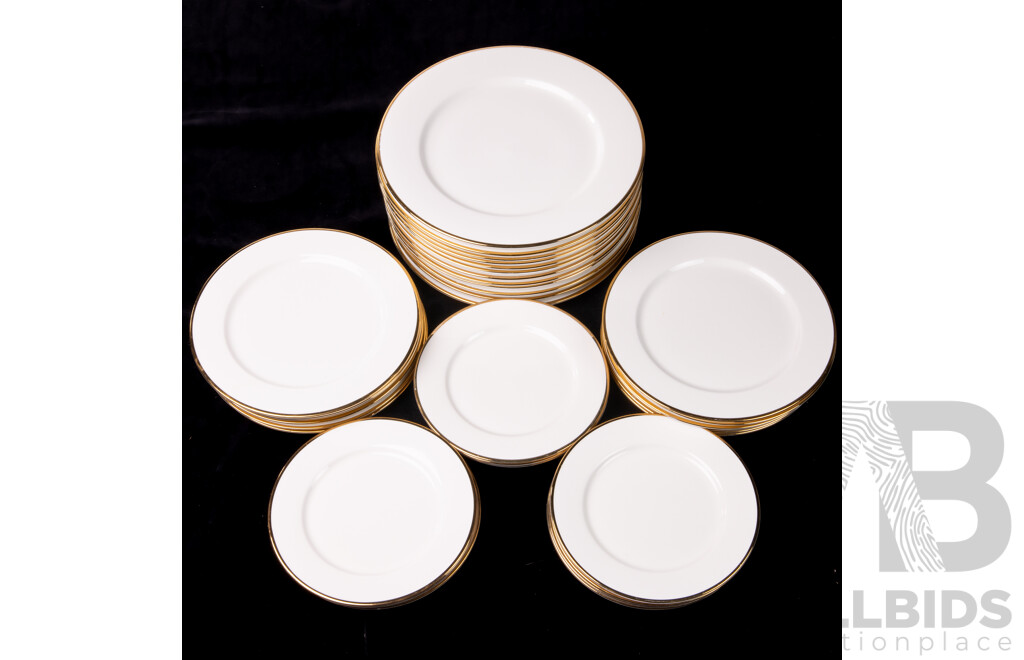 Set 36 Maxwell & Williams White Gold Design Porcelain Plates in Three Sizes Hand Painted in Pure White Gold