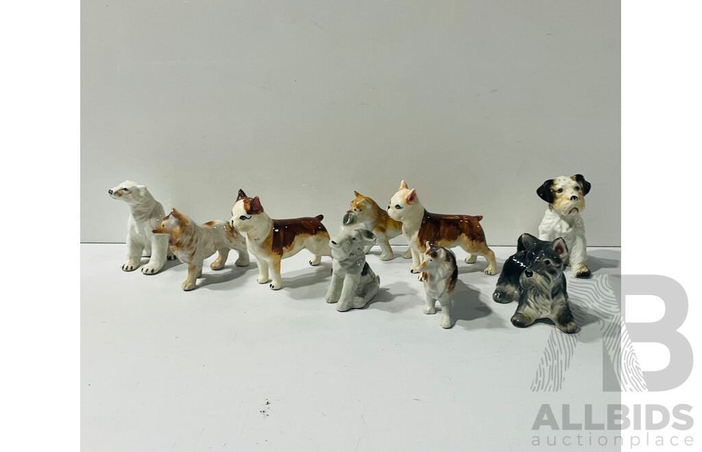 Collection Nine Vintage Ceramic Dog Figures Along with Ceramic Polar Bear Figure