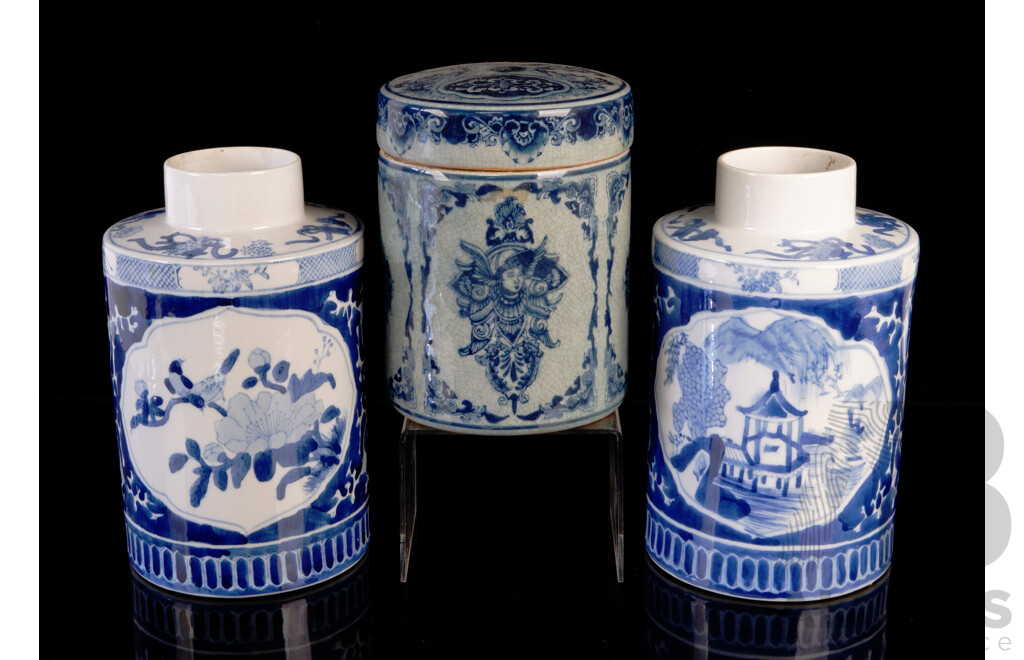 Pair Vintage Asian Blue and White Porcelain Jars Along with Antique Thai Blue and White Lidded Jar