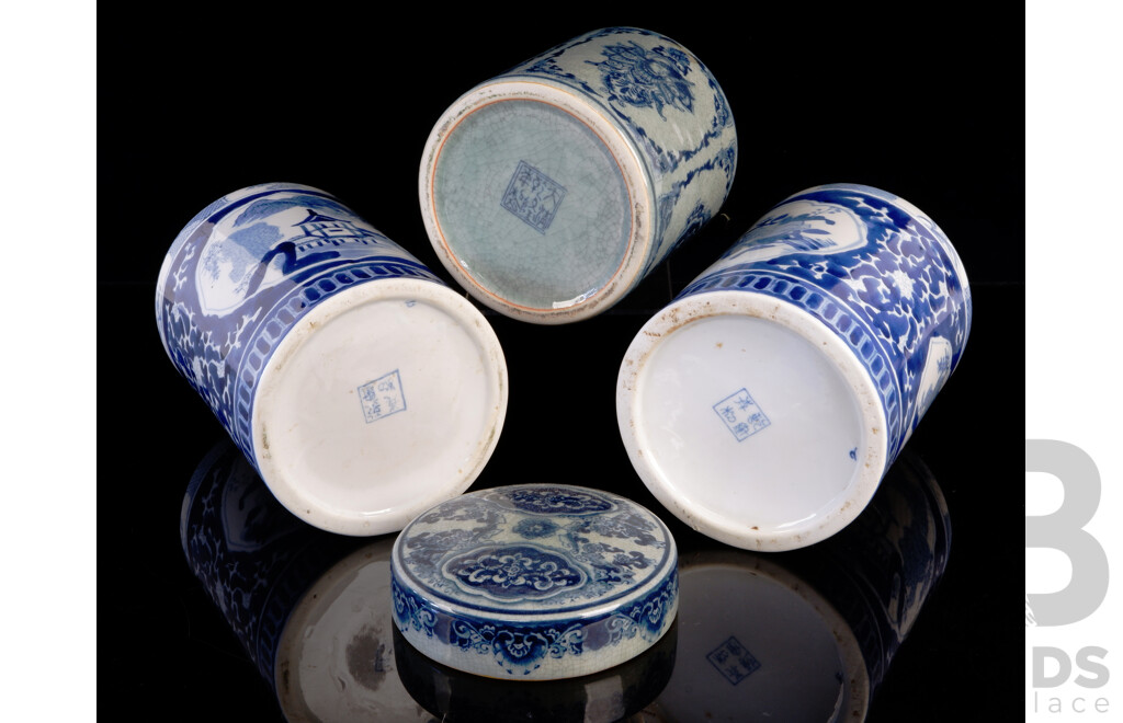 Pair Vintage Asian Blue and White Porcelain Jars Along with Antique Thai Blue and White Lidded Jar