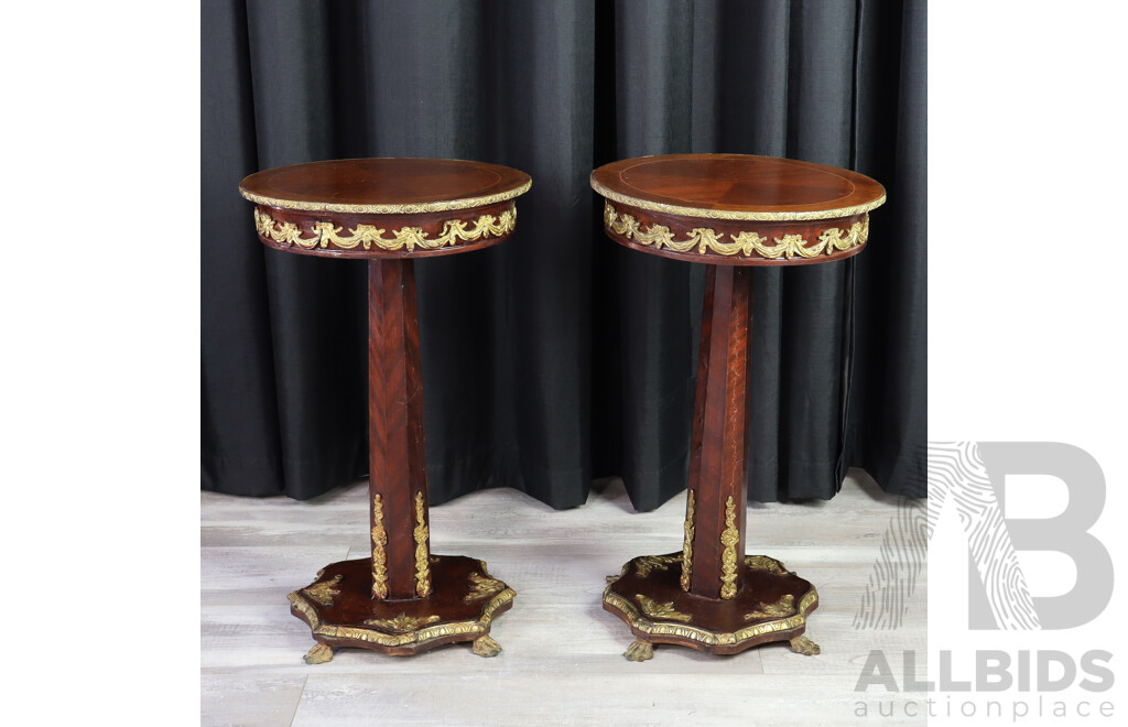 Pair of Antique Pedestal Side Tables with Brass Decoration