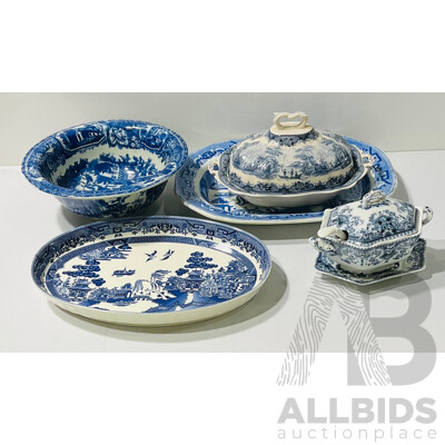 Collection of Blue Willow Pattern Examples FromElkin Knight & Co, Stanley Pottery and More