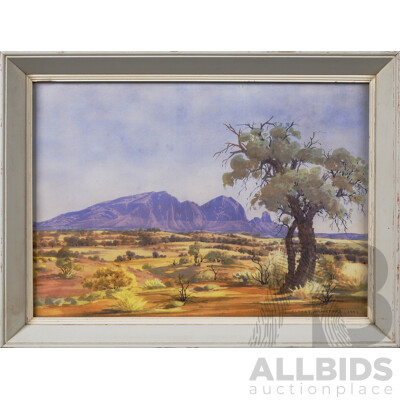 Albert Namatjira, (20th Century, Indigenous-Australian,1902-1959), Mt Sonder, McDonnell Ranges, NT, Quality Vintage Print of the Original Watercolour, 34 x 45 cm (frame)