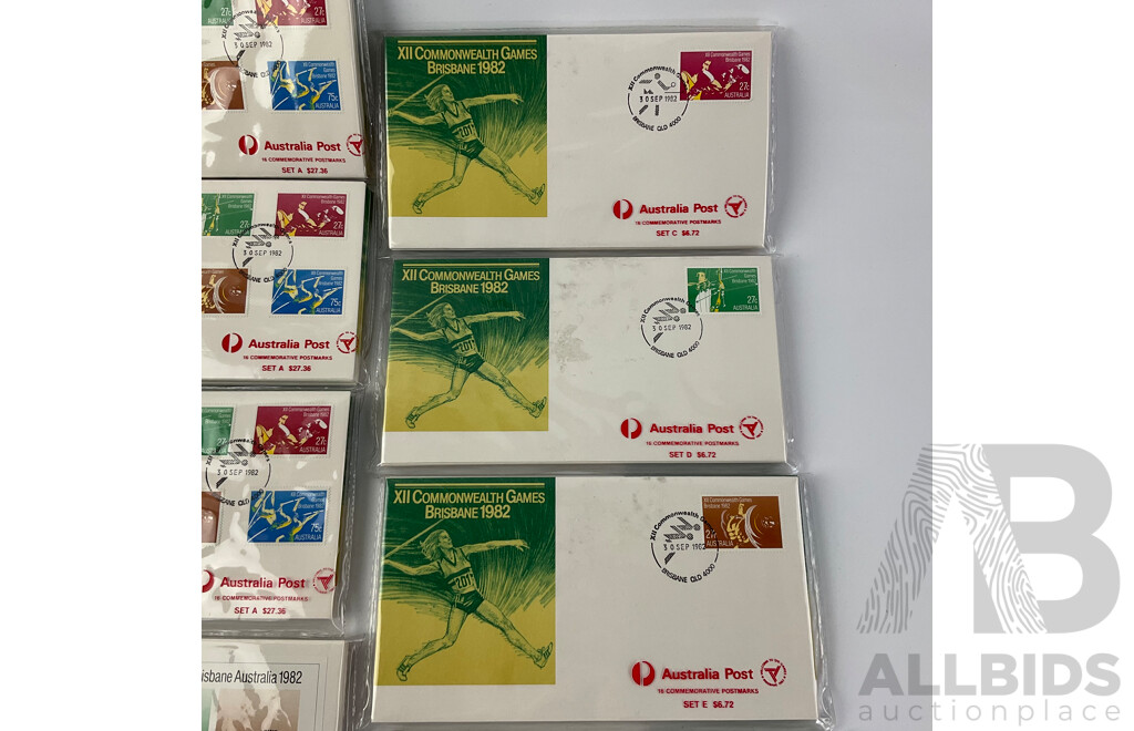 Australian 1982 Commonwealth Games Commemorative Postmark Sets - A(3), B(2), C, D, E, F(2)