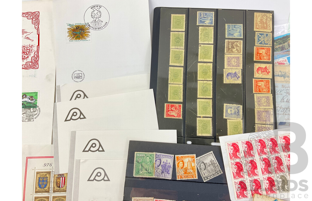 Collection of Vintage European Stamps and First Day Covers Including France, Italy, Hungary, Malta, Austria, Czechoslovakia