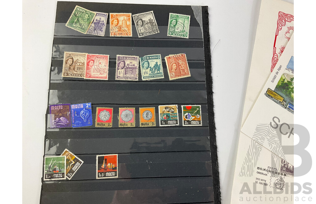 Collection of Vintage European Stamps and First Day Covers Including France, Italy, Hungary, Malta, Austria, Czechoslovakia