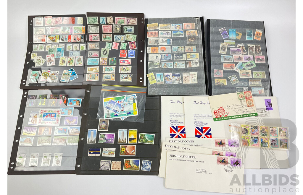 Collection of Vintage Pacific Stamps and First Day Covers Including Samoa, New Zealand, Nauru, Fiji, Solomon Islands