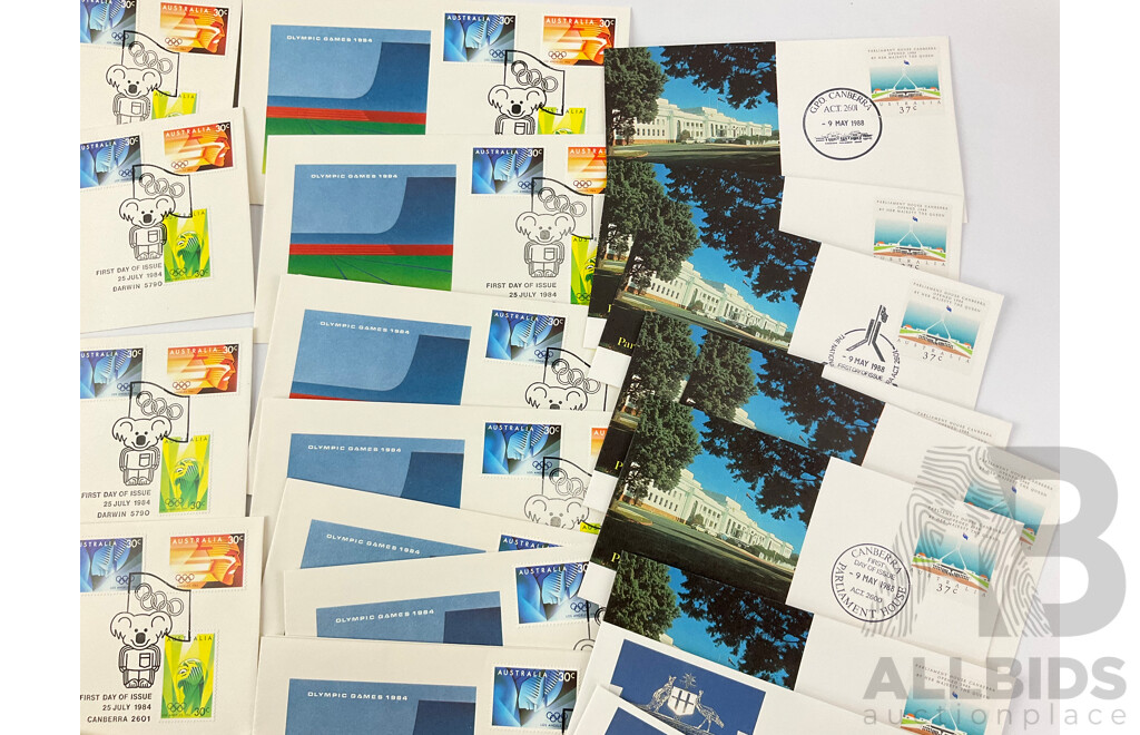 Australian 1984 Olympic First Day Covers From Each State/Territory with 1988 Old and New Parliament House First Day Covers