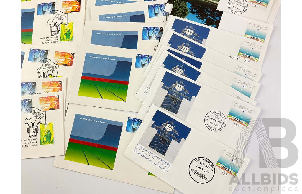 Australian 1984 Olympic First Day Covers From Each State/Territory with 1988 Old and New Parliament House First Day Covers