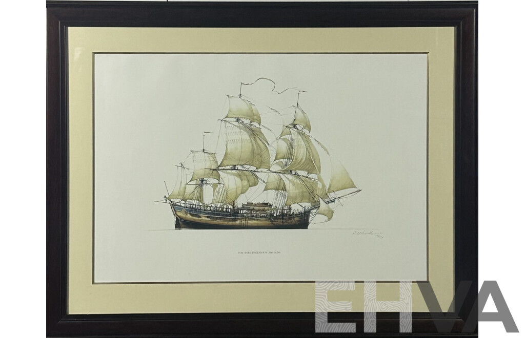 Ross H. Shardlow, (Australian, 1950-), H.M. Bark Endeavour. 366 Tons, Colour Reproduction Copy of the Original, Pen, Ink and Watercolour, 87 x 113 cm (frame)