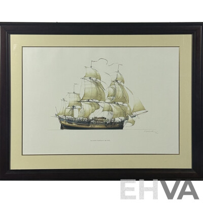 Ross H. Shardlow, (Australian, 1950-), H.M. Bark Endeavour. 366 Tons, Colour Reproduction Copy of the Original, Pen, Ink and Watercolour, 87 x 113 cm (frame)