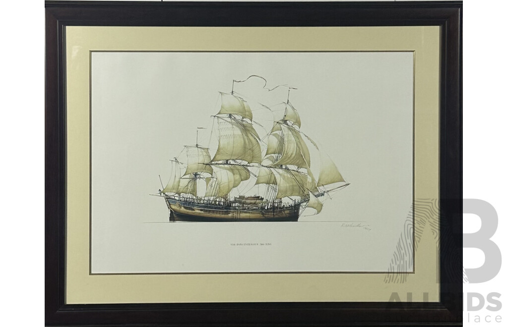 Ross H. Shardlow, (Australian, 1950-), H.M. Bark Endeavour. 366 Tons, Colour Reproduction Copy of the Original, Pen, Ink and Watercolour, 87 x 113 cm (frame)